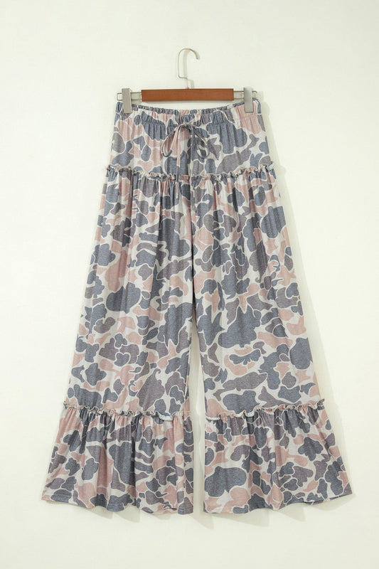Abstract Leopard Ruffle Tiered Wide Leg Pants