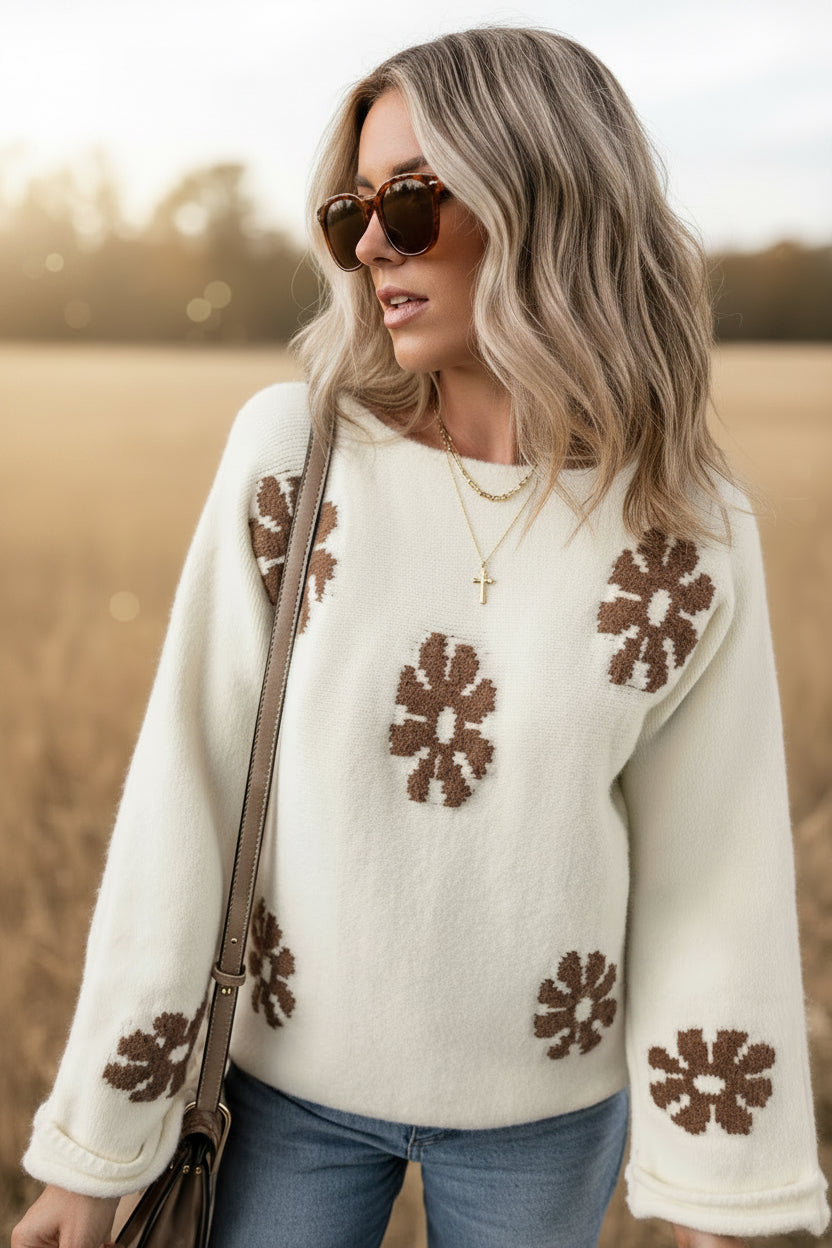 White Colorblock Floral Pattern Round Neck Sweater
