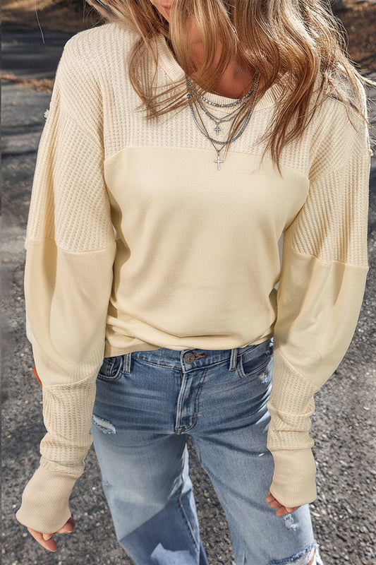 Beige Thermal Knit Patchwork Exposed Seam Long Sleeve Top