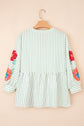 Floral Stripe Puff Sleeve Notched V-Neck Blouse