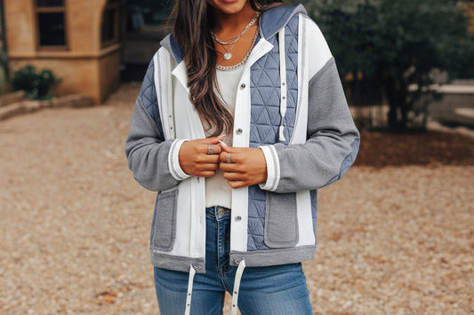 Light Blue Quilted Textured Patchwork Loose Fit Hooded Jacket