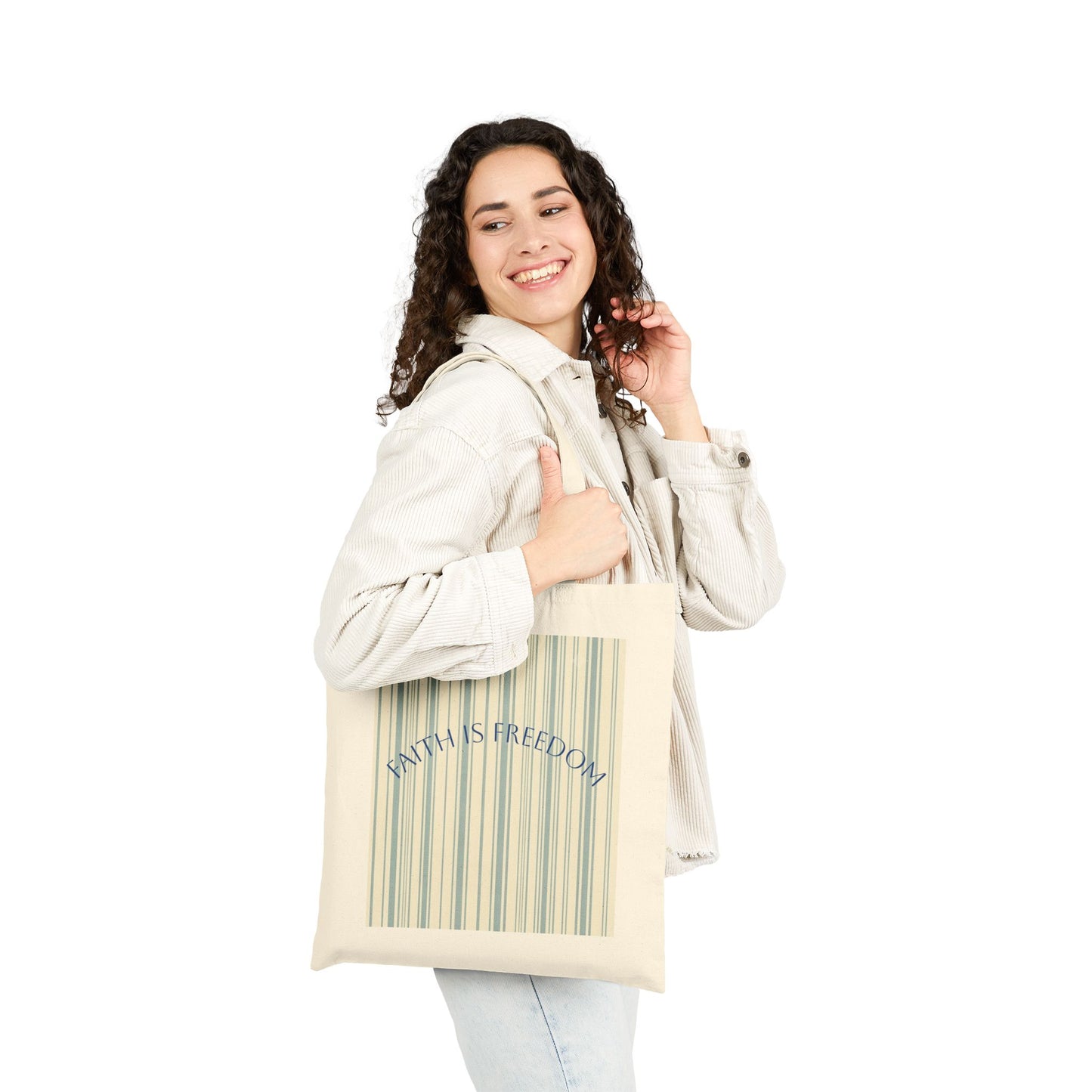Faith Is Freedom Cotton Canvas Tote — Striped Inspirational Eco Bag