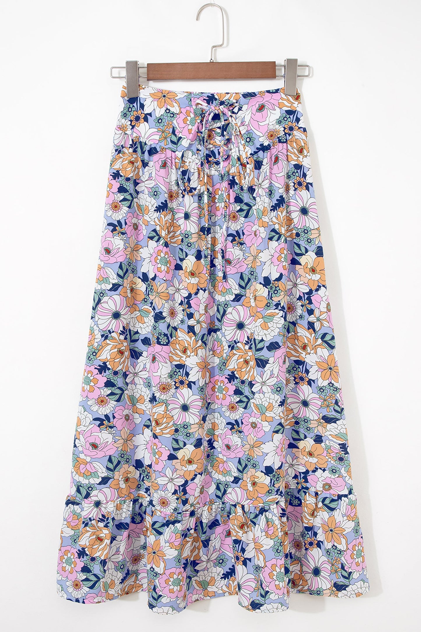 Floral Lace Up High Waist Ruffle Maxi Skirt
