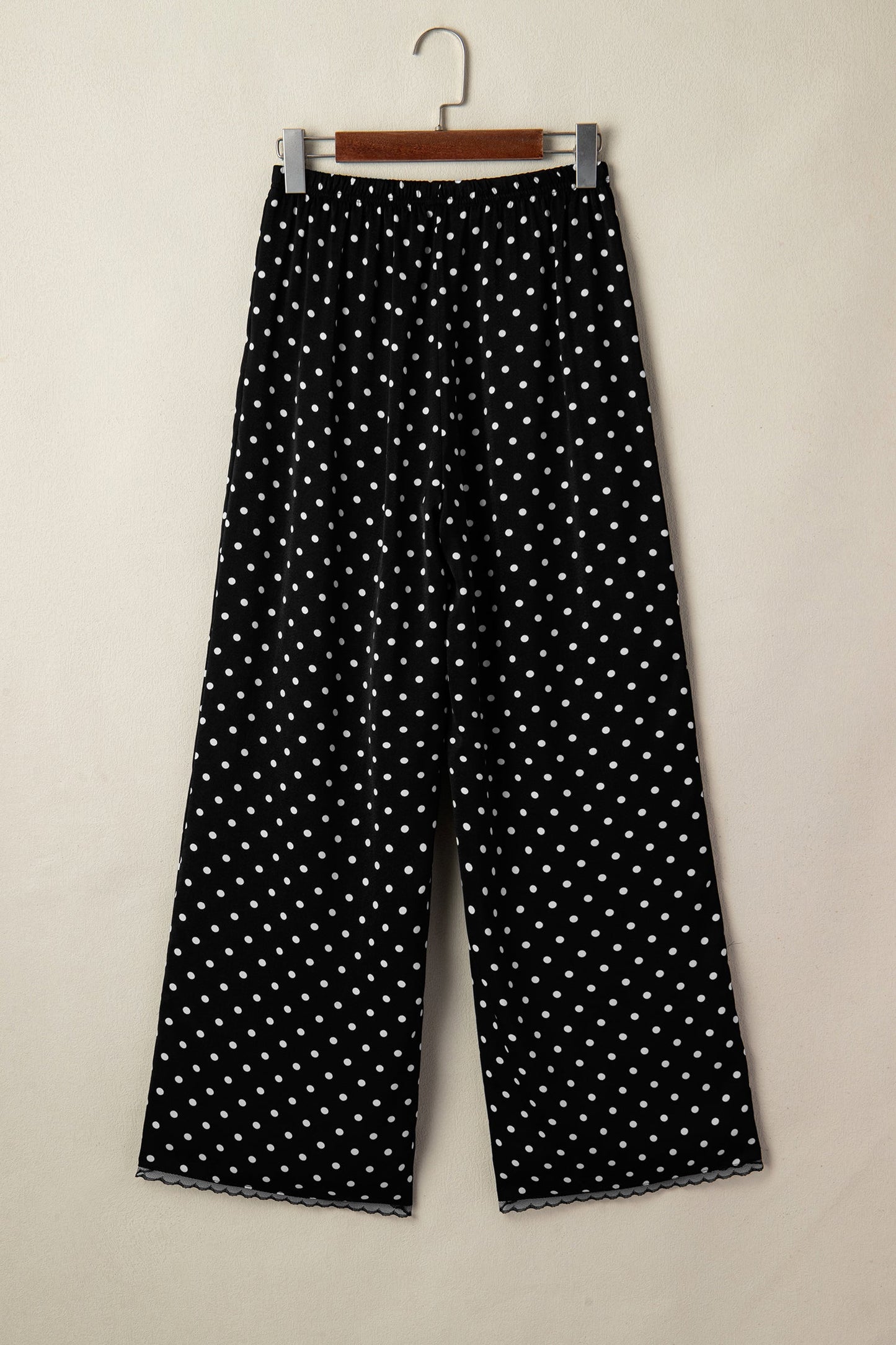 Polka Dot Elastic Waist Lace Hem Pants