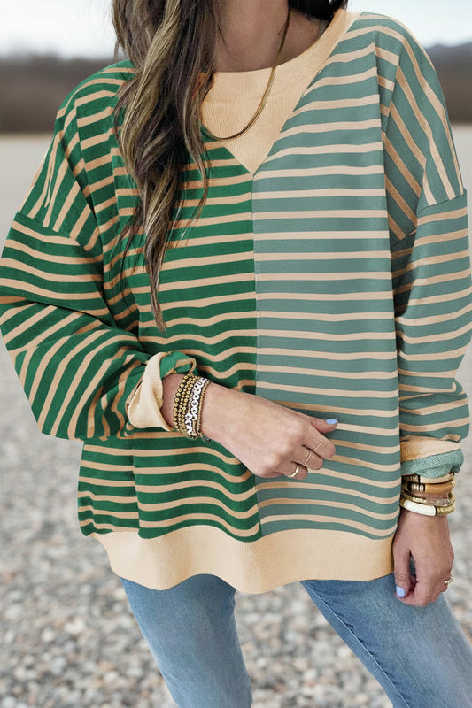 Brown Stripe Casual Stripe Colorblock Drop Shoulder Oversize Sweatshirt