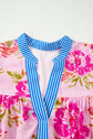 Floral 3/4 Sleeve Stripe Trim V-Neck Blouse