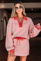 Stripe Collared V-Neck Pullover and Skort Set
