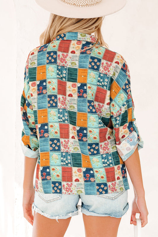 Floral Patchwork Long Sleeve Collared V-Neck Blouse
