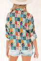 Floral Patchwork Long Sleeve Collared V-Neck Blouse