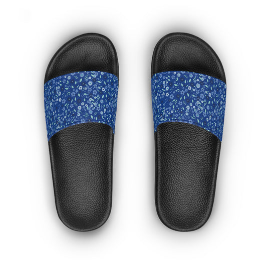 Floral Blue Slides — Women's Garden Print Slide Sandals