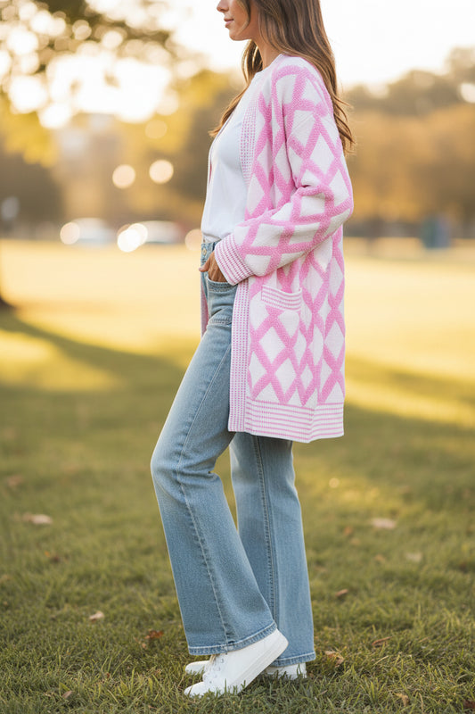 Pink Rhombus Pattern Knit Open Front Pocketed Cardigans
