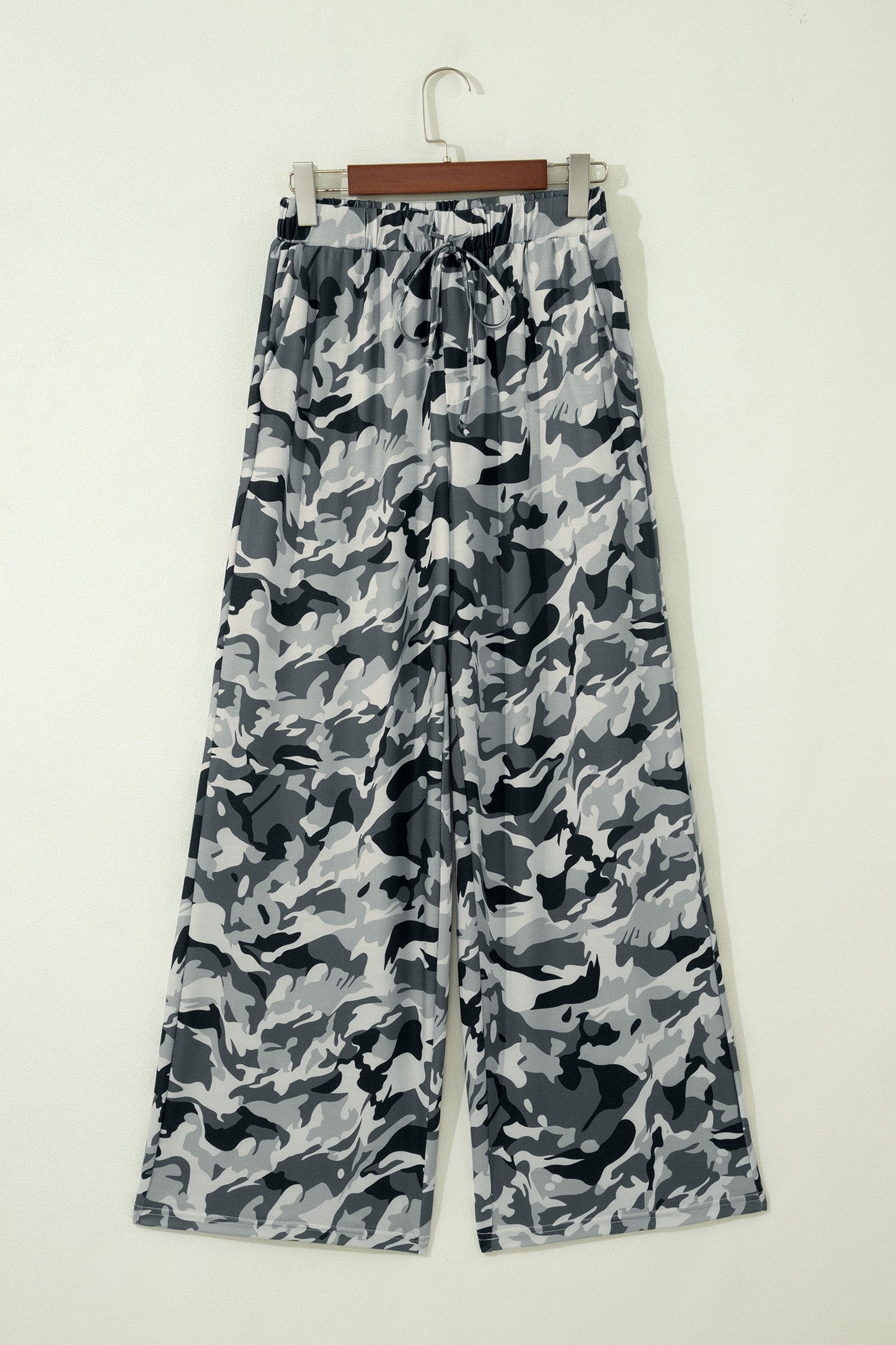 Camo Drawstring High Waist Wide Leg Pants