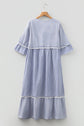 Stripe Patchwork Lace Trim 3/4 Sleeve Maxi Dress