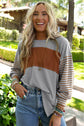 Sky Blue Colorblock Striped Bishop Sleeve Top