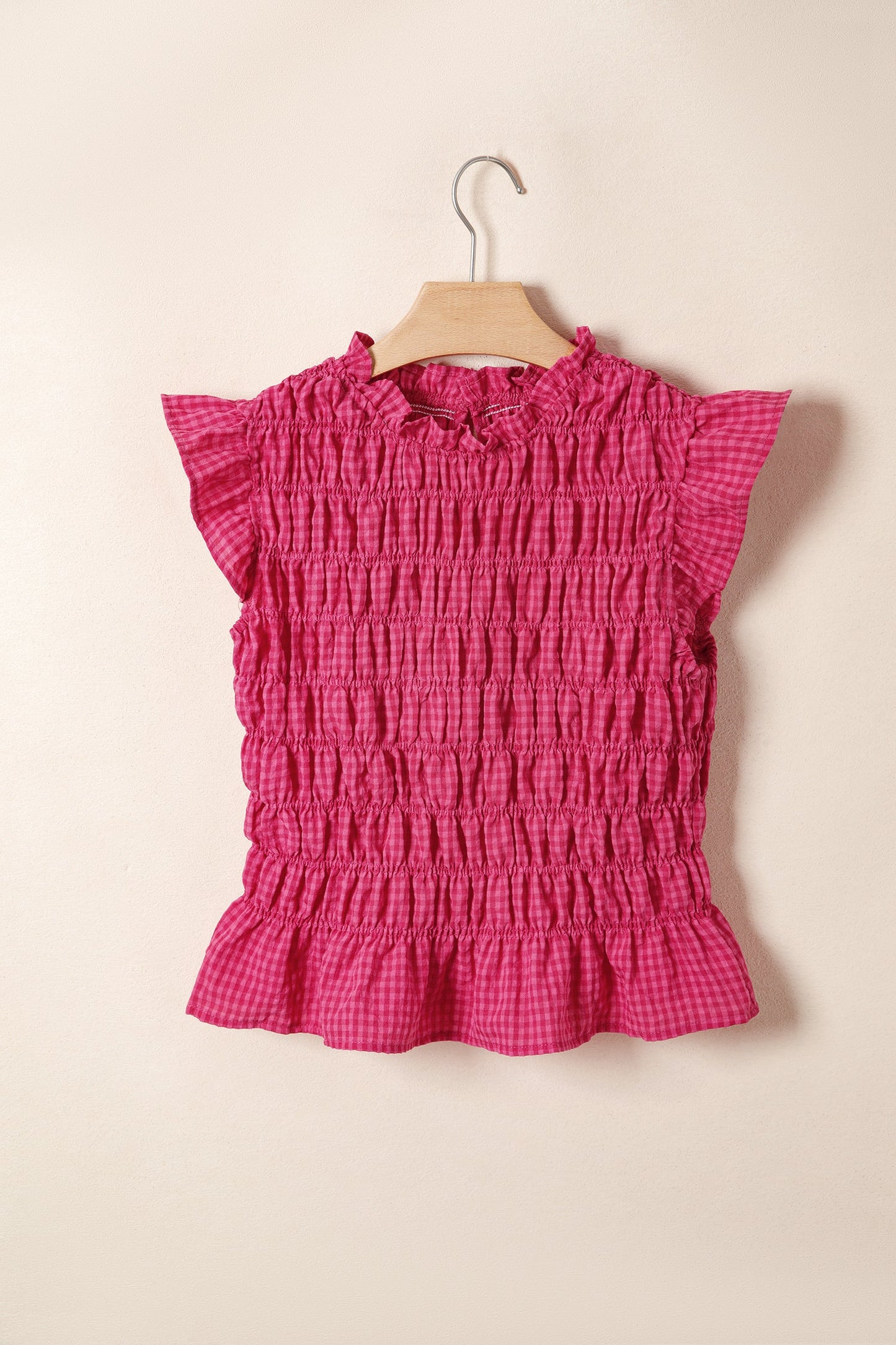 Gingham Plaid Shirred Ruffle Trim Tank Top