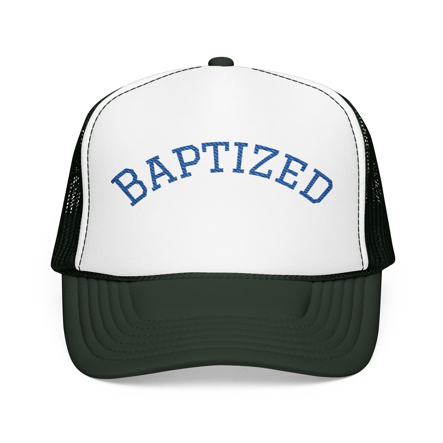 Baptized Foam Trucker Hat - Embroidered Faith Cap for Baptism & Church Celebrations
