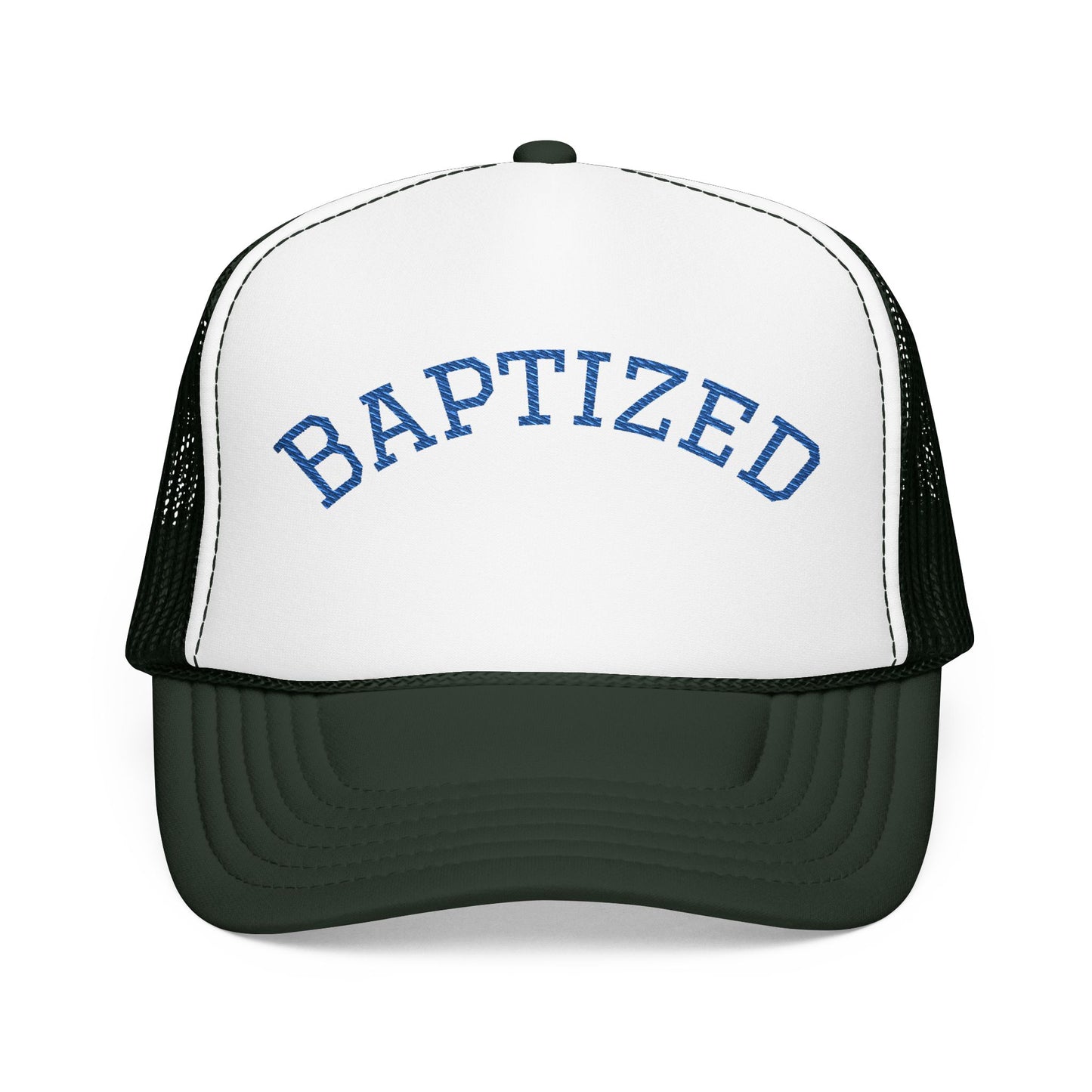 Baptized Foam Trucker Hat — Navy Christian Faith Baseball Cap