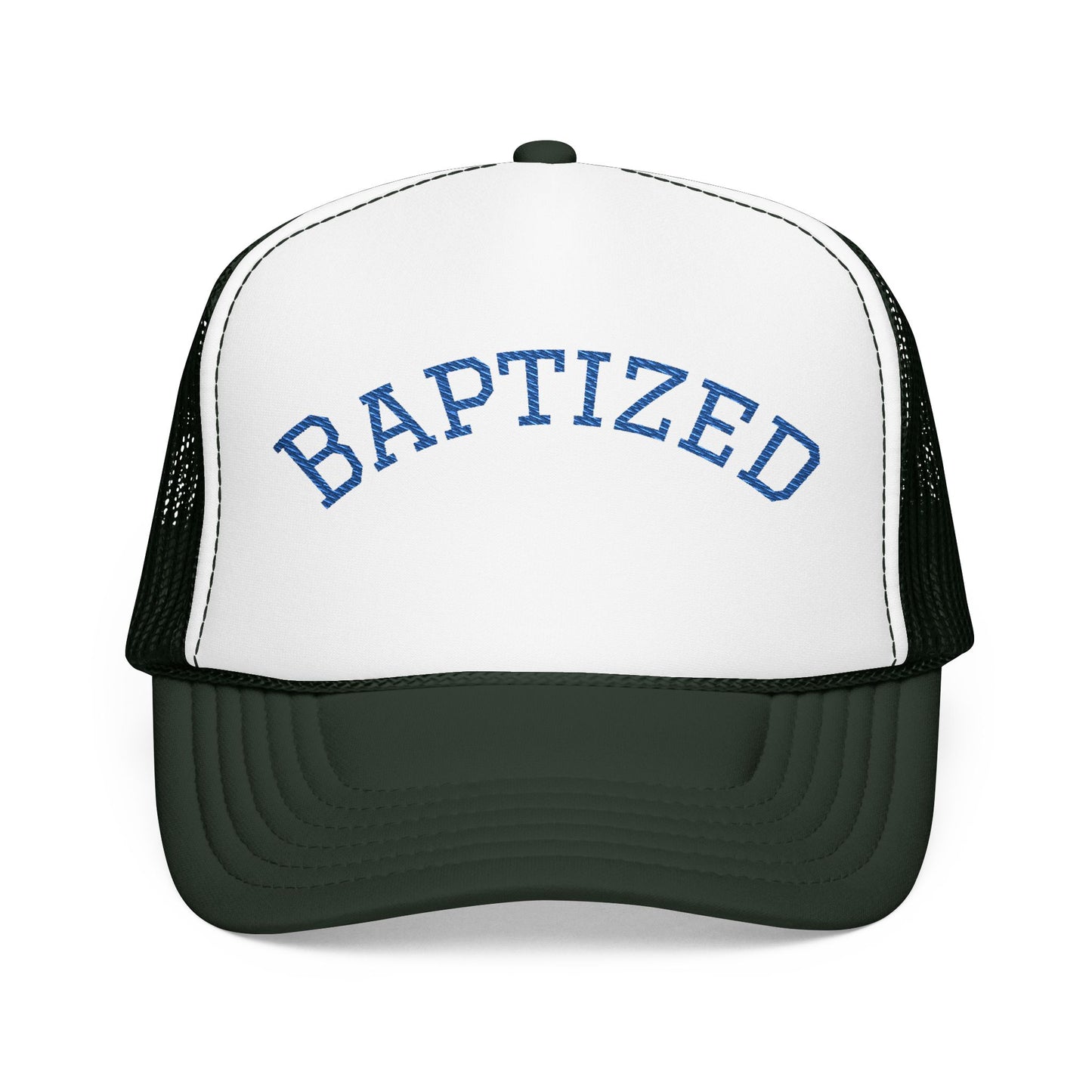 Baptized Foam Trucker Hat — Navy Mesh Christian Cap