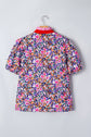 Floral Gingham Colorblock Trim V-Neck Blouse