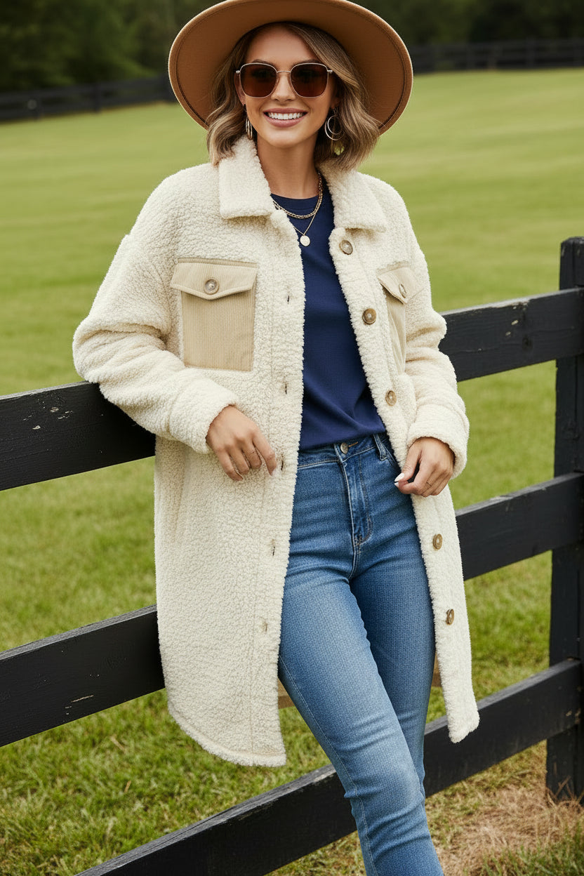 Blue Contrast Flap Pocket Single Breasted Teddy Coat