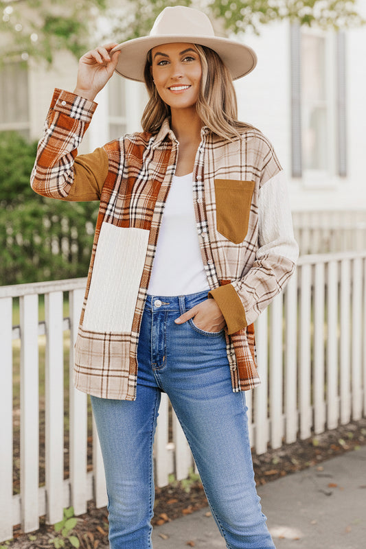 Orange Plaid Color Block Patchwork Shirt Jacket with Pocket
