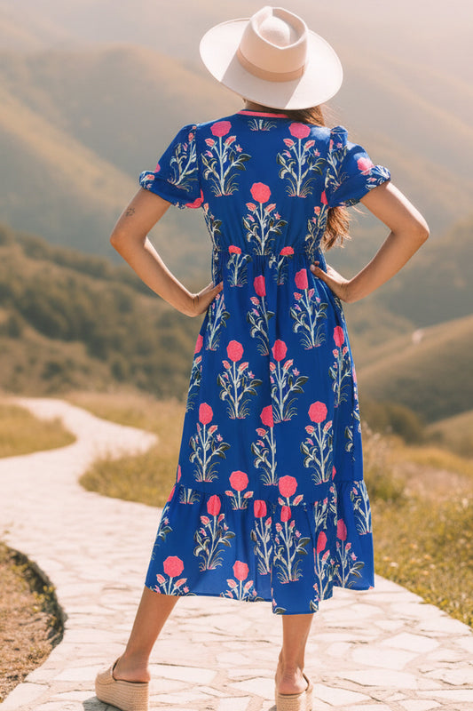 Sky Blue Floral Puff Short Sleeve V Neck High Waist Maxi Dress