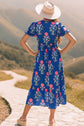 Sky Blue Floral Puff Short Sleeve V Neck High Waist Maxi Dress