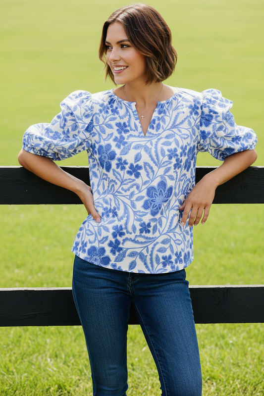 Dark Blue Floral Print Ruffled Bubble Sleeve Blouse