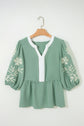 Floral Embroidered Colorblock Puff Sleeve Babydoll Blouse