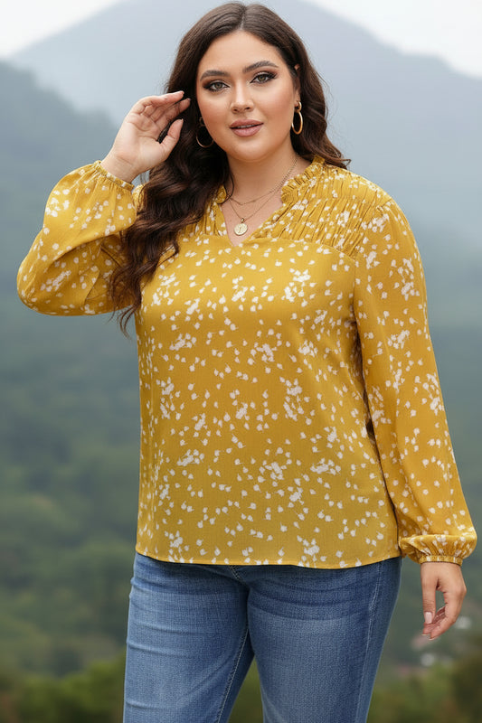 Yellow Plus Size Floral Print Ruched Split Neck Blouse