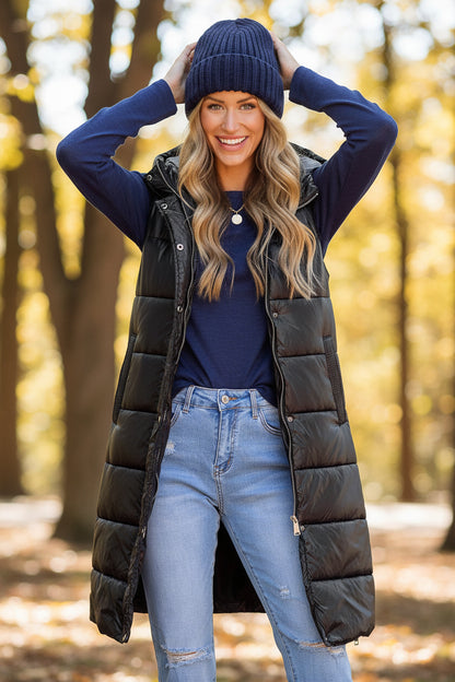 Black Hooded Long Quilted Vest Coat
