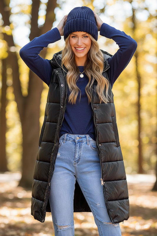 Black Hooded Long Quilted Vest Coat