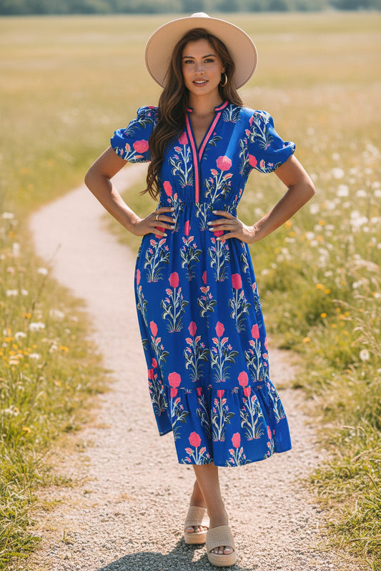 Sky Blue Floral Puff Short Sleeve V Neck High Waist Maxi Dress