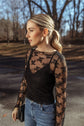 Black Lace Mesh Crochet Splicing Slim Fit Long Sleeve Blouse