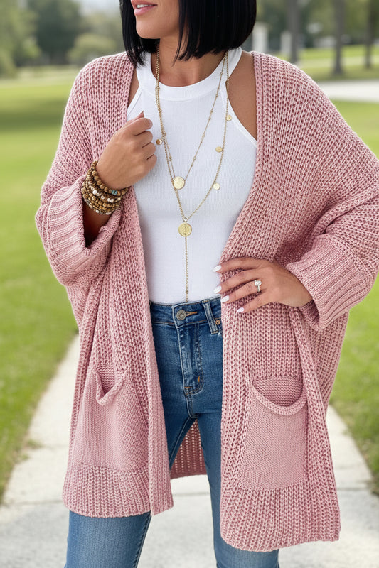 Pink Oversized Fold Over Sleeve Open Front Cardigan