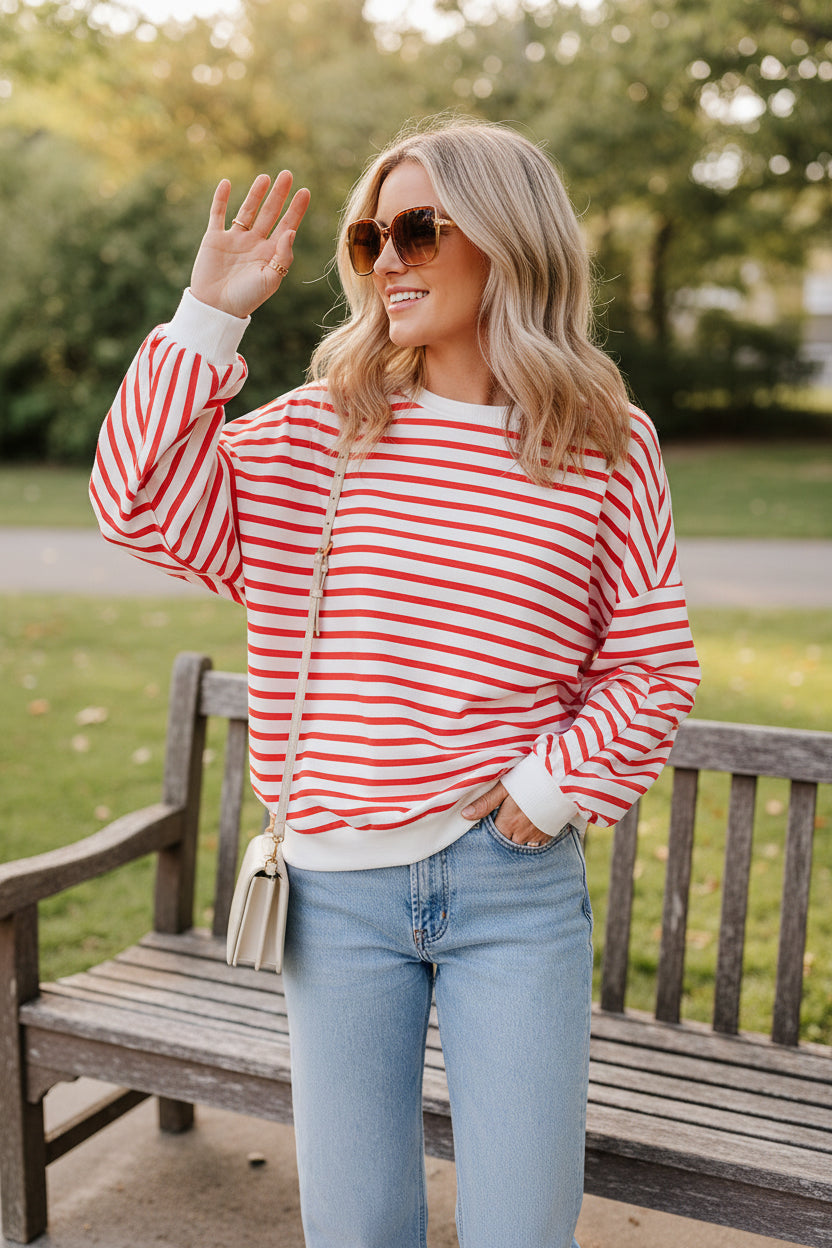 Stripe Drop Shoulder Crewneck Sweatshirt