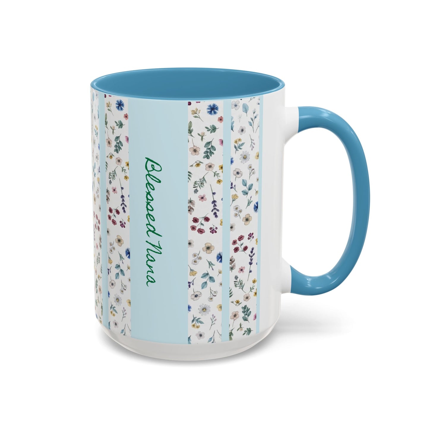 Blessed Nana Floral Accent Coffee Mug — Blue Striped 11/15oz