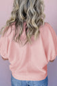 Light Pink Contrast Striped Collar Patchwork Textured Half Sleeve Blouse