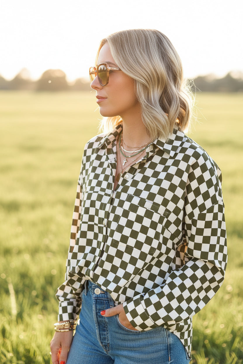 Green Checkerboard Printed Drop Shoulder Loose Casual Shirt