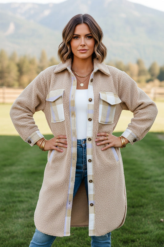 Smoke Gray Plaid Patchwork Collared Button-up Sherpa Long Coat