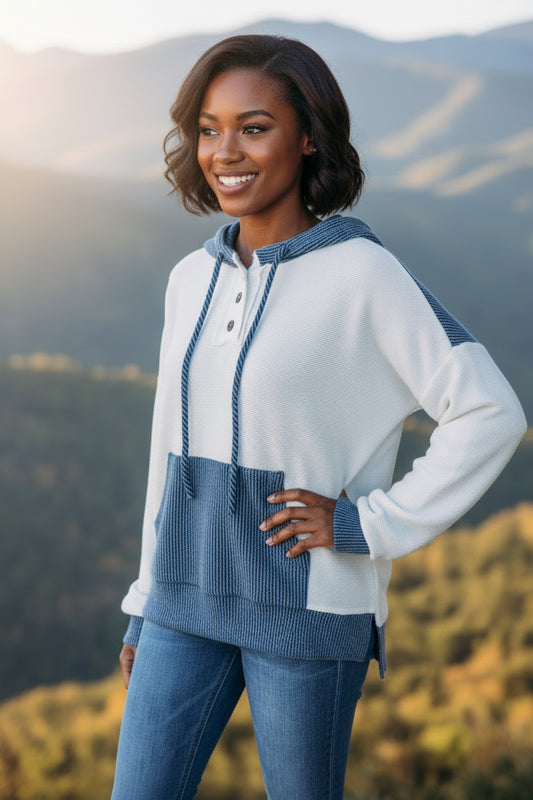White Corded Colorblock Patch Pocket Drawstring Hooded Top