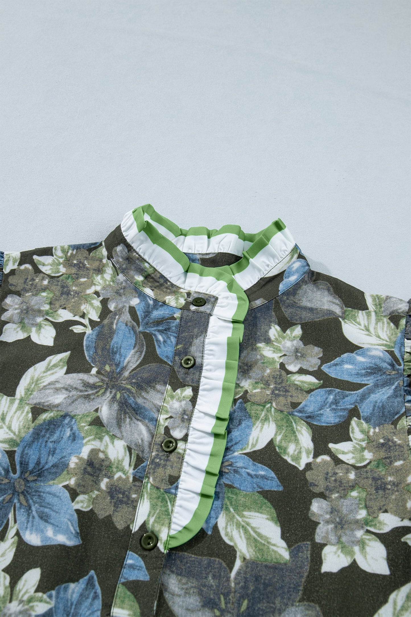 Floral Ruffle Short Sleeve Half Buttoned Blouse