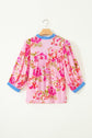 Floral 3/4 Sleeve Stripe Trim V-Neck Blouse