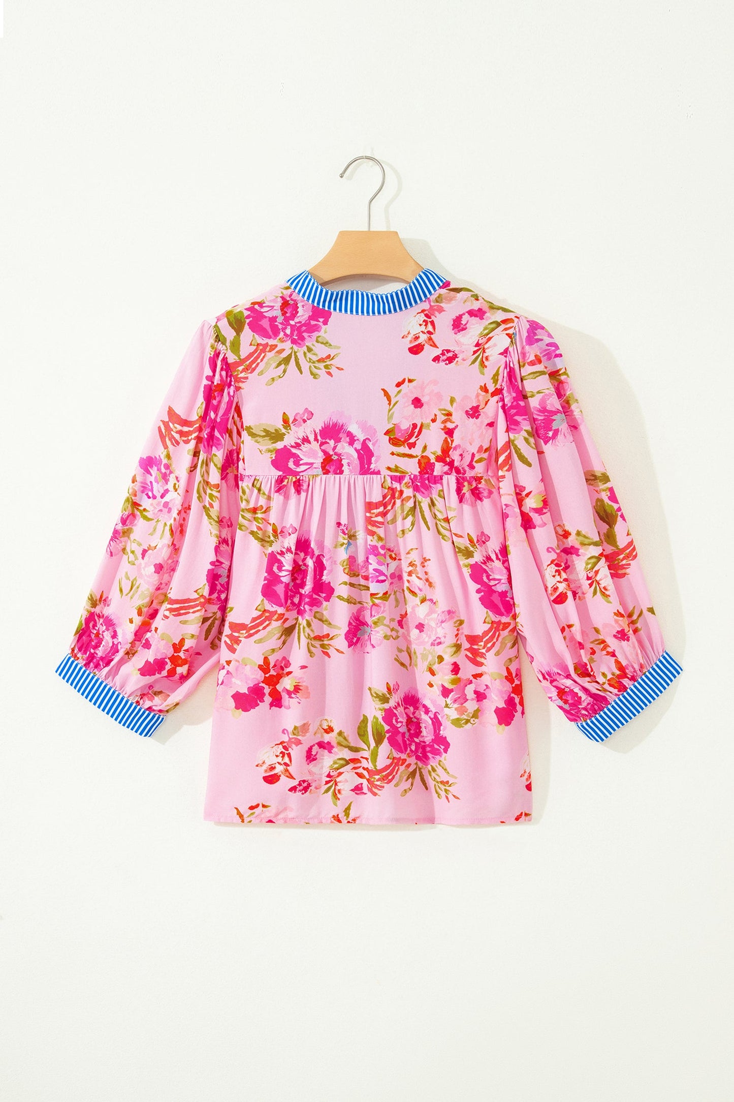 Floral 3/4 Sleeve Stripe Trim V-Neck Blouse