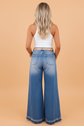 Denim Gathered Side Seam Flare Leg Pants
