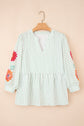 Floral Stripe Puff Sleeve Notched V-Neck Blouse