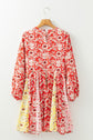 Red Colorful Floral Patchwork Long Sleeve Pleated Mini Dress