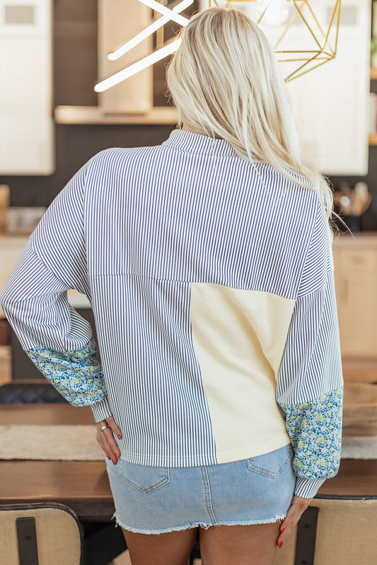 Floral Stripe Collared V-Neck Drop Sleeve Sweatshirt