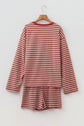 Stripe Contrast Long Sleeve Top & Elastic Waistband Short Set