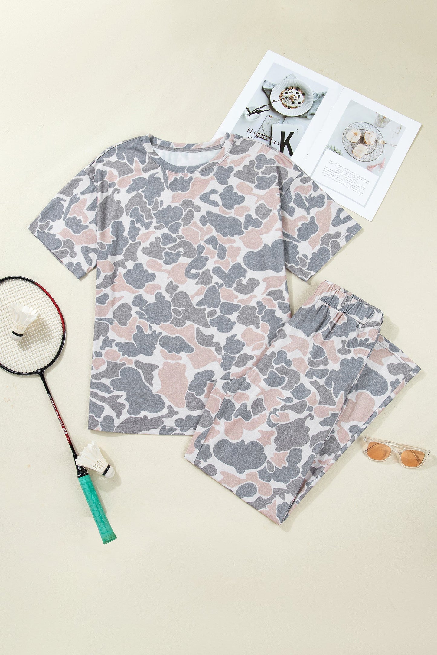 Camo Short Sleeve Top & Wide Leg Pants Set
